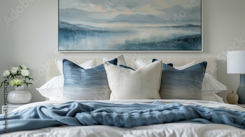 A white bed with blue pillows and a blanket, decorated with an abstract landscape painting