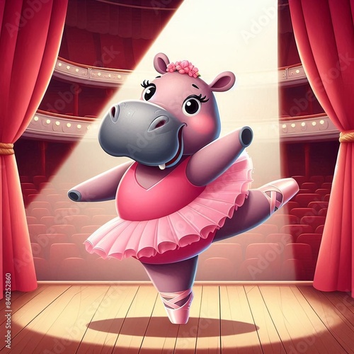A pink hippopotamus, wearing a pink tutu and ballet slippers, performs a graceful dance on a stage, bathed in the light of a spotlight