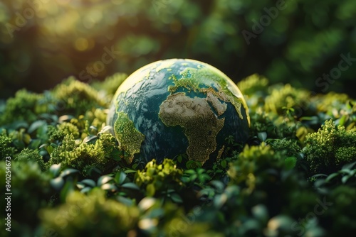 Beautiful earth globe surrounded by green foliage, symbolizing nature conservation, sustainability, and environmental stewardship.