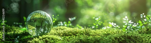 Close-up of a crystal ball on lush green moss in a sunlit forest, capturing light and reflections in a tranquil natural environment.