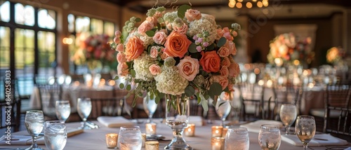 Elegant Wedding Reception with Beautiful Floral Centerpieces, Candlelit Ambiance, and Sophisticated Table Settings in a Luxurious Venue
