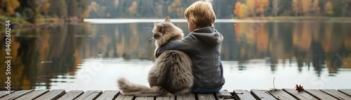 A child embracing a fluffy Norwegian Forest cat sitting on a wooden dock by a tranquil lake