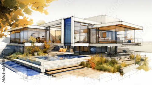 3D sketch design of a luxury modern house with a cubic structure, floor-to-ceiling windows, large patio, and lush garden area, isolated on a white background. Centered with sketch-like shadows, 