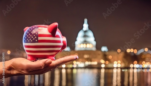USA Piggy Bank with Capitol Building at Night