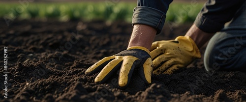 Gloves Hands of farmer showing black soil in agricultural field. Farmer holding in hands fresh fertile soil before sowing
