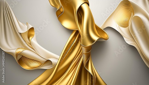 Flowing gold fabric creating dynamic, sculptural shapes against a neutral background. The fabric's fluid motion and luxurious gold color create a striking visual effect, emphasizing texture and form. 