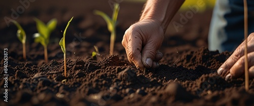 Hands of farmer showing black soil in agricultural field. Farmer holding in hands fresh fertile soil before sowing