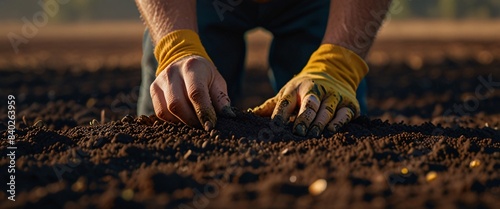 Gloves Hands of farmer showing black soil in agricultural field. Farmer holding in hands fresh fertile soil before sowing