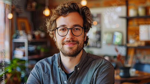 Portrait of handsome man with curly hair looking at camera in cafe