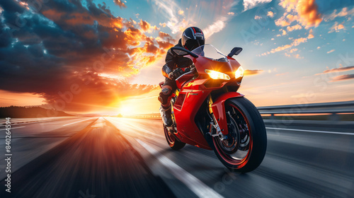 Motorcyclist zooms down the highway against a stunning sunset backdrop