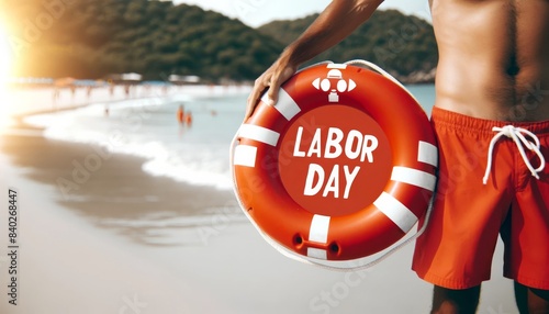 Labor Day person in a lifebuoy on the beach
