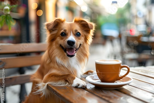 A dog is sitting on a wooden table with a cup of coffee in front of it. The dog appears to be enjoying the moment and is looking at the camera