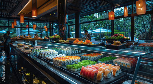 Sushi bar with sushi and sashimi on a glass counter, illuminated by soft lighting