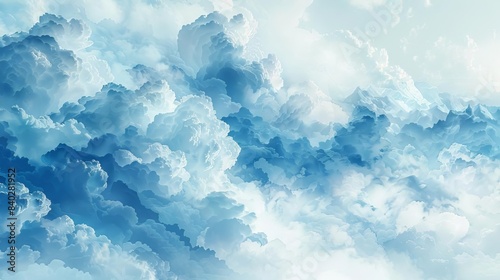 Beautiful, fluffy blue and white clouds creating a surreal and tranquil sky landscape perfect for backgrounds or nature themes.
