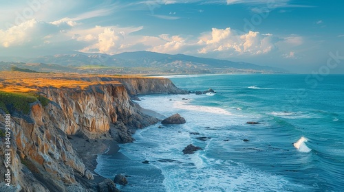 A scenic view of rugged cliffs meeting the crashing waves of the Pacific Ocean at sunset, summer vacation.