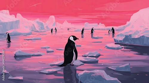 soothing penguins on icebergs under a pink sky, with a black penguin and a white and black penguin in the foreground, and a large white rock in the background
