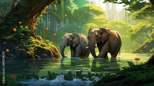 contented elephants under a waterfall, surrounded by lush greenery and a vibrant orange flower, with their long trunks and white tusks visible