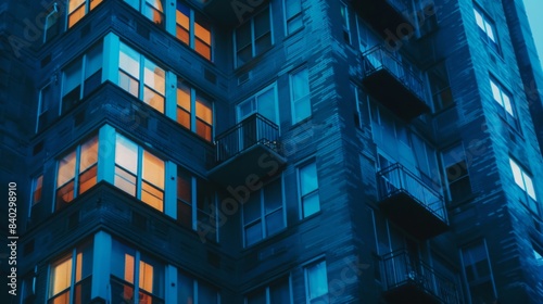 modern corner apartment complex with blue accents , luxury corner apartments with blue balcony