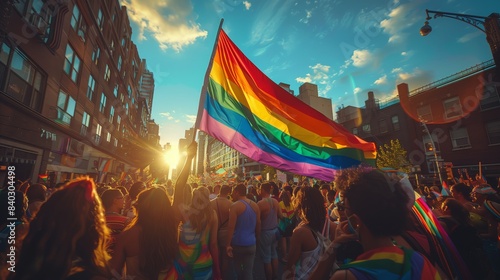 Urban Pride Parade with Rainbow Flag. People at an urban pride parade, holding a large rainbow flag, celebrating LGBTQ pride and diversity.