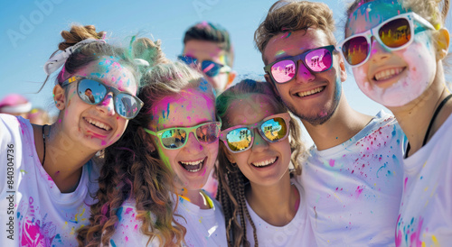 A group of friends wearing white t-shirts and sunglasses smiles for the camera while at an outdoor color run event, their faces painted with vibrant colors 