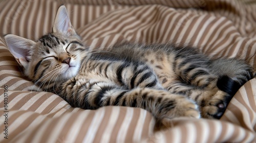  Cat dozing on a striped comforter atop bed, eyes shut