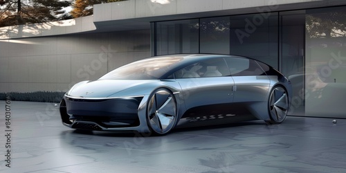 future concept MPV design in 2084, silver paint, minimalist face, full volume, there is a person close to it 