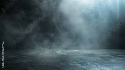 Abstract image of dark room concrete floor. Black room or stage background for product placement.Panoramic view of the abstract fog. White cloudiness, mist or smog moves on black background.