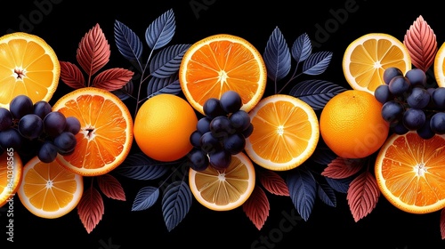  A group of oranges cut in half with grapes and oranges on top and bottom of slices