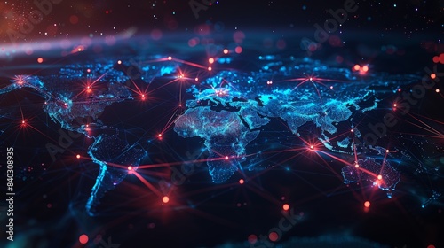 abstract design of network technology world map with lights and arrows, in the style of motion blur panorama, flat backgrounds, luminous seascapes, 32k uhd, stockphoto, dark sky-blue and dark black 