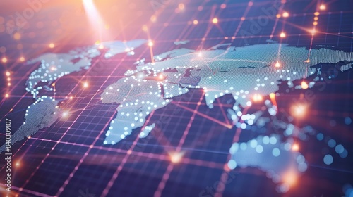 A solar cell powering a world map, with lines of code connecting different regions: This image represents the global potential of solar cell technology and coding in addressing energy challenges and p