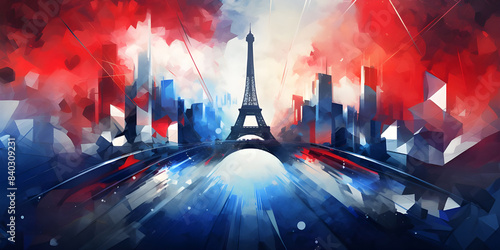 An illustration of the Eiffel Tower in the middle of Paris with a blend of blue, white and red colors that symbolize the French flag. The bright color combination illustrates the spirit of the Olympic