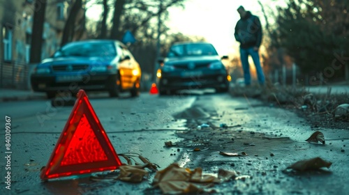 Close-up of a red warning triangle on the road with blurred background of two cars after an accident. The style is realistic with a dramatic mood. This image serves to illustrate road safety
