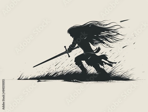 Minimalist style logo of a man with a sword stabbing into the ground, hair wild 