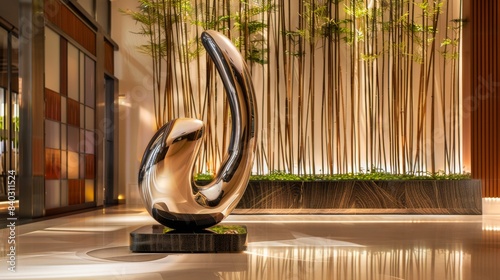 Exquisite Metal Sculpture and Serene Bamboo Oasis in Luxury Hotel Lobby