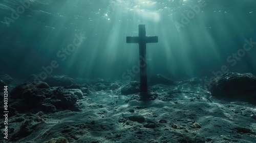 Conceptual image with christian cross and underwater