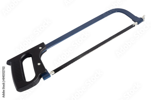 Blue hacksaw on a white background. Plumber's tool, carpenter's tool. Instrument for cutting or sawing.