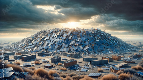Ecology irony, landfill filled with discarded solar panels creating mountain of e-waste, contrast between intended eco-friendly purpose of panels and environmental damage caused by their disposal.