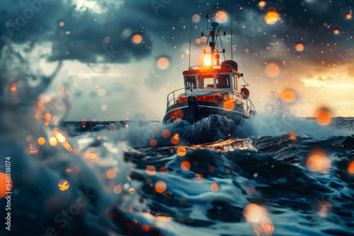 Fishing Boat Navigating Rough Seas with Bokeh Effects at Sunset.