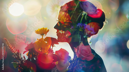 Beautiful bouquet of flowers for birthday close up, focus on, copy space, vivid hues, double exposure silhouette with happiness