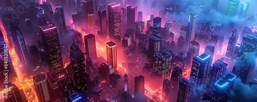 A stunning aerial view of a futuristic cityscape at night, illuminated by vibrant neon lights and shrouded in mystic fog.