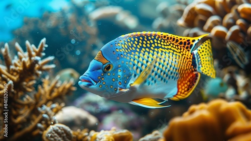 A brightly colored fish swims through a coral reef, summer vacation.