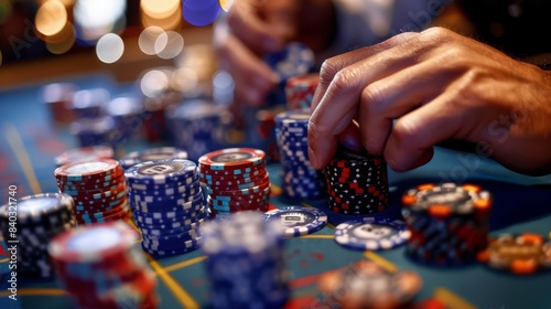 Close-up of hands stacking colorful poker chips on a casino table, creating a dynamic and vibrant scene of gaming excitement.
