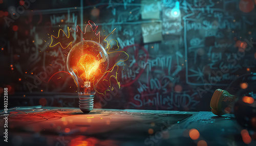 A glowing light bulb is lit up in front of a chalkboard with equations