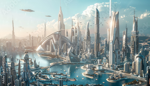 A futuristic cityscape with many buildings and flying objects