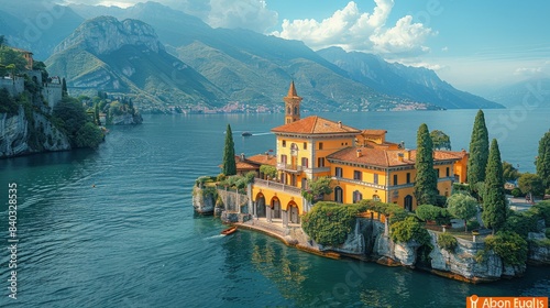 A Sunny Day on Lake Como: A Picturesque Italian Villa Nestled Among Lush Greenery. Generative AI