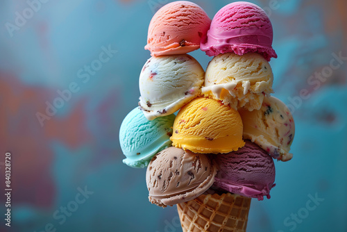 Lots of ice cream scoops of different colors and flavors stacked vertically on an ice cream cone.