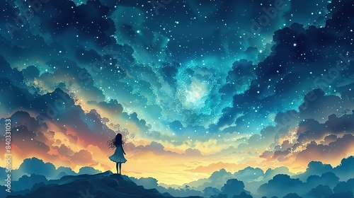 the girl is walking into a dream pathway the future is filled with dreams the sky and stars a fantasy illustration logo design.stock image
