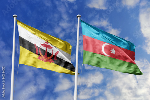 3d illustration. Brunei and Azerbaijan Flag waving in sky. High detailed waving flag. 3D render. Waving in sky. Flags fluttered in the cloudy sky.