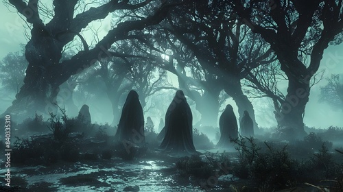 Ghostly Banshees Drifting Through Misty Woodland Silhouettes in Dreary Isolated Background