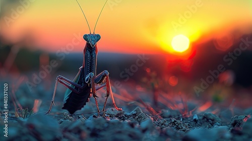 shadows cast by trees and an empusa pennata mantis against a twilight sky gradient.image illustration